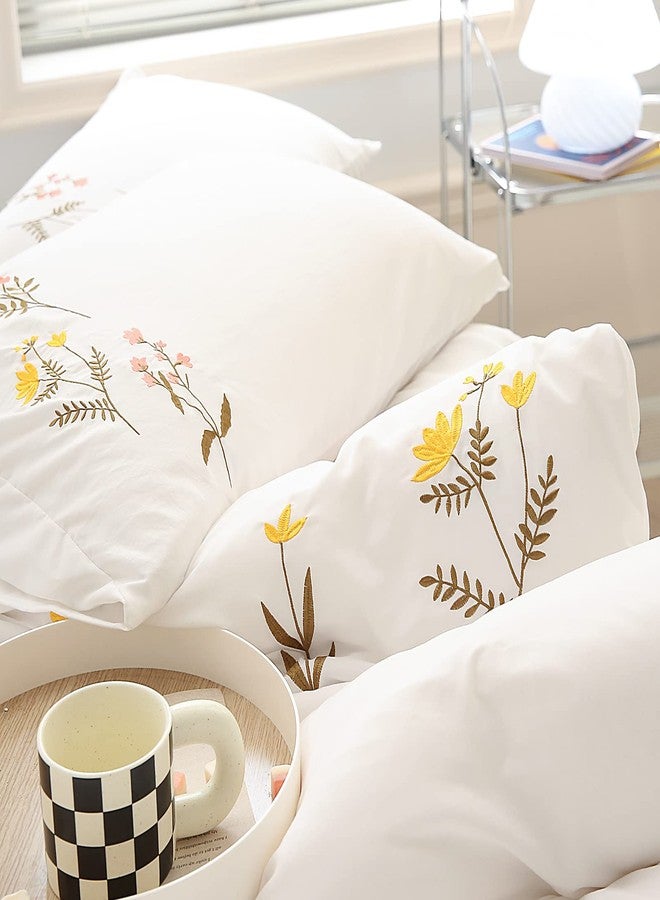 Move Over White Flower Pillow Cases Set of 2 Embroidery Flower Pillowcases King Size White Pastoral Pillow Covers Soft Washed Microfiber Girls Pink Yellow Flower Pillow Cases for Bedroom Decor - Image 5