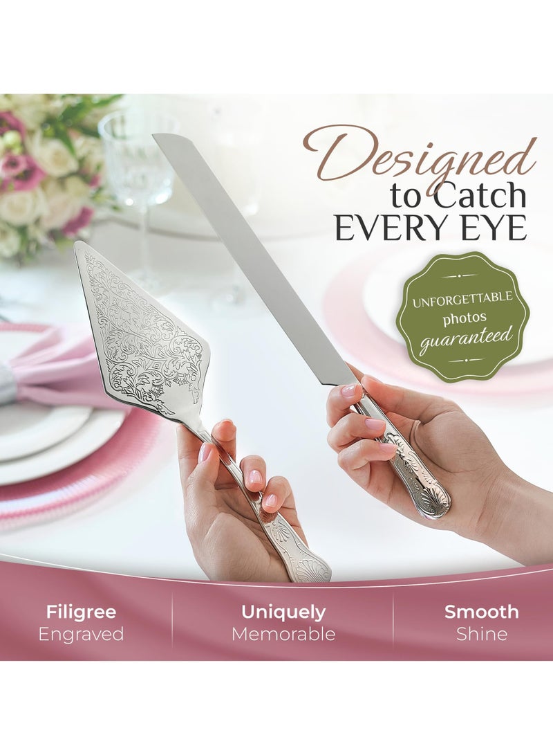NajmStyle Luxury Wedding Cake Knife Beautifully Engraved Cutting Set 11.8-inch for Saudi Weddings & Anniversaries(Silver) - Image 2