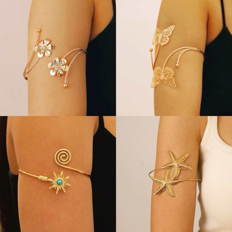 ofeankri Cross-Border Simple Fashion New Butterfly Starfish Bracelet Exaggerated Metal Flower Arm Ring with Rhinestones Open Cuff Jewelry - Image 1