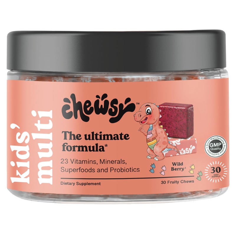 CHEWSY Chewsy Kids Multivitamin Delicious CandyStyle Daily Vitamin Chews Probiotics Superfoods Wild Berry Flavor Chewable Fruity Supplement Chews Individually Wrapped Easy to Enjoy 30Day Supply 