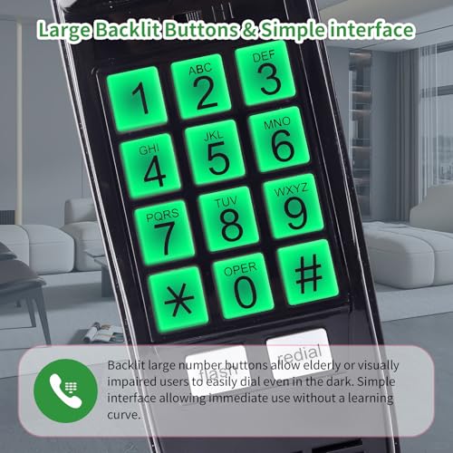 Sacumea Landline Phones for Home, No Ac Power Required, Simply Operated Retro Wall Princess Phone with 110DB Loud Ringer & Visual Ringer, Lighted Big Button Landline Telephones Designed for Seniors - Black - Image 2