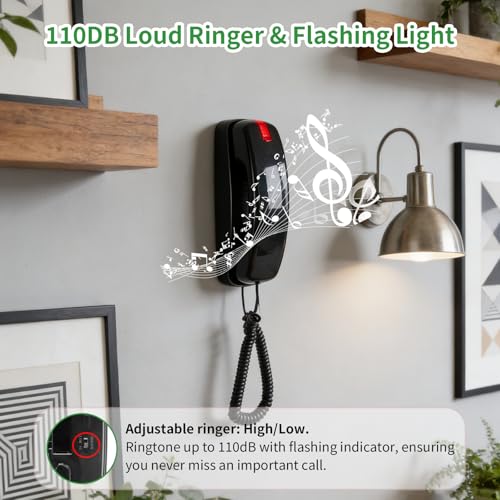 Sacumea Landline Phones for Home, No Ac Power Required, Simply Operated Retro Wall Princess Phone with 110DB Loud Ringer & Visual Ringer, Lighted Big Button Landline Telephones Designed for Seniors - Black - Image 5