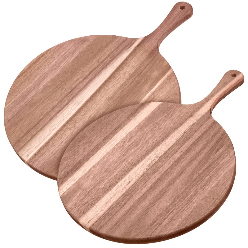 Cunhill 2 Pieces Acacia Wood Round Charcuterie Board 12 Cutting Board Wooden Pizza Peel Cheese Paddle with Handle for Home Baking Cheese Fruits Vegetables Bread Charcuterie Serving16 x 12 x 06 Inch