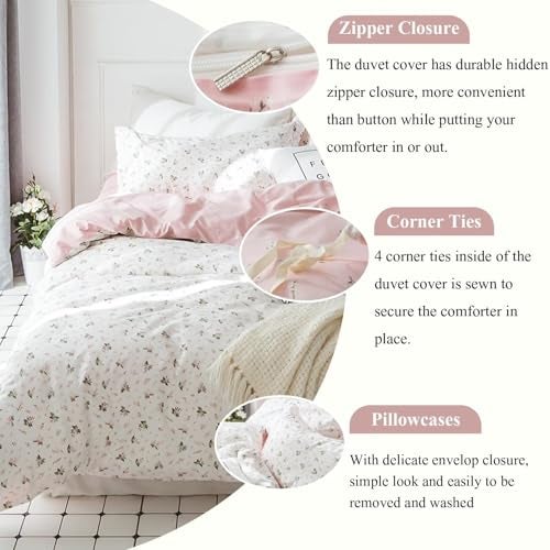 VC Life VClife Girl Floral Duvet Cover Modern Pink White Duvet Cover Sets Breathable Soft Cotton Bedding Duvet Cover with Zipper Closure Durable Wrinkle Resistant Duvet Cover (1 Duvet Cover and 2 Pillowcases) - Image 4