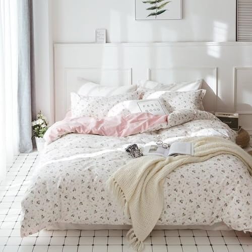 VC Life VClife Girl Floral Duvet Cover Modern Pink White Duvet Cover Sets Breathable Soft Cotton Bedding Duvet Cover with Zipper Closure Durable Wrinkle Resistant Duvet Cover (1 Duvet Cover and 2 Pillowcases) - Image 1