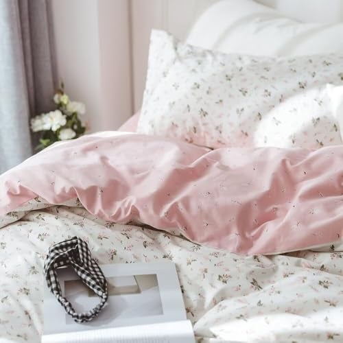 VC Life VClife Girl Floral Duvet Cover Modern Pink White Duvet Cover Sets Breathable Soft Cotton Bedding Duvet Cover with Zipper Closure Durable Wrinkle Resistant Duvet Cover (1 Duvet Cover and 2 Pillowcases) - Image 2