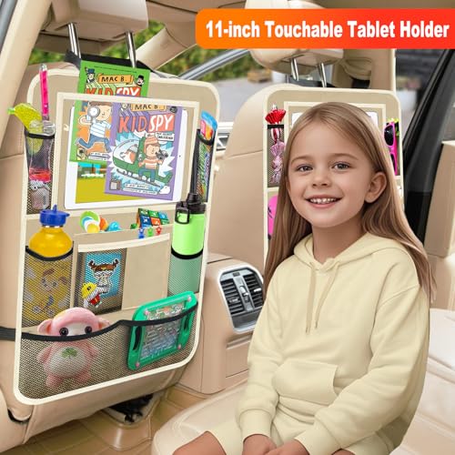 Zecirl Car Backseat Organizer ，2 Pack Car Organizer Back Seat with 11" Tablet Holder, 10 Storage Pockets Seat Back Protectors Kick Mats for Kids Toddlers, Travel Accessories (Beige) - Image 2