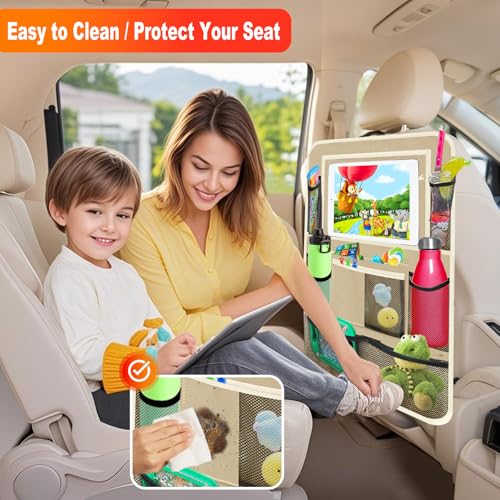 Zecirl Car Backseat Organizer ，2 Pack Car Organizer Back Seat with 11" Tablet Holder, 10 Storage Pockets Seat Back Protectors Kick Mats for Kids Toddlers, Travel Accessories (Beige) - Image 4