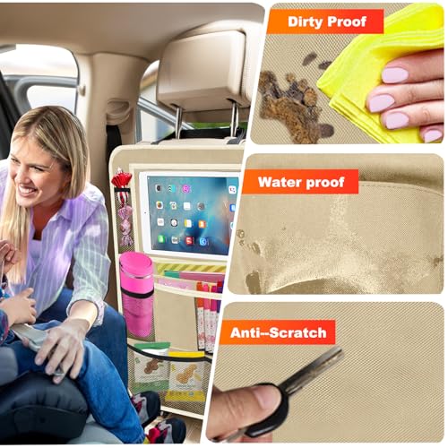 Zecirl Car Backseat Organizer ，2 Pack Car Organizer Back Seat with 11" Tablet Holder, 10 Storage Pockets Seat Back Protectors Kick Mats for Kids Toddlers, Travel Accessories (Beige) - Image 3