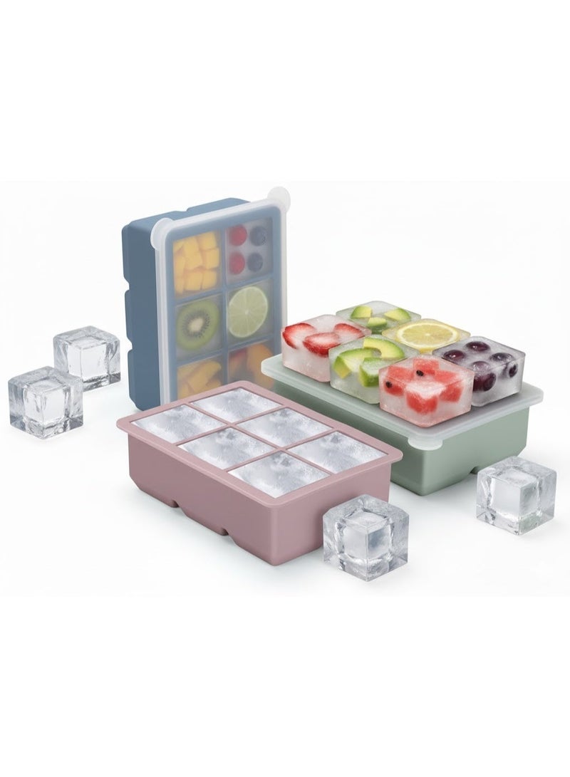 أيه بي جي قوالب مكعبات الثلج المصنوعة من السيليكون، عبوة من 3 قطع - قوالب مكعبات ثلج كبيرة الحجم من السيليكون مع غطاء قابل للإزالة مانع للتسرب، صينية مكعبات ثلج مربعة وخالية من مادة BPA للكوكتيلات والويسكي والثلج المرن القابل للتكديس - Image 1