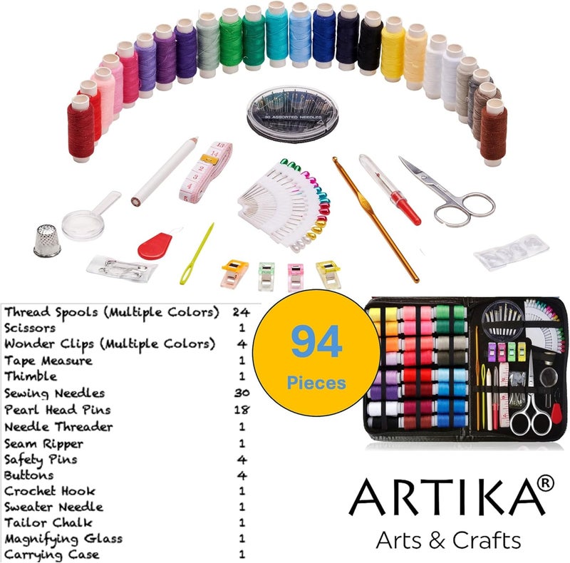ARTIKA Sewing Kit for Adults and Kids (94 PCS) - Small Beginner Set w/Multicolor Thread, Needles, Scissors, Thimble & Clips - Emergency Repair and Travel Kits - Sewing Accessories and Supplies - Image 2