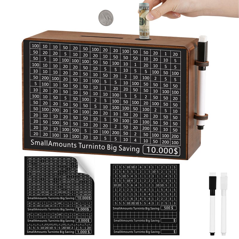 FOLENCER Wooden Money Saving Box for Kids Adults Reusable 10000 Savings Challenge Box with Progress Tracker Cash Vault Educational Piggy Bank Gift for Boys Girls 312 7 Amounts Wood - Image 2