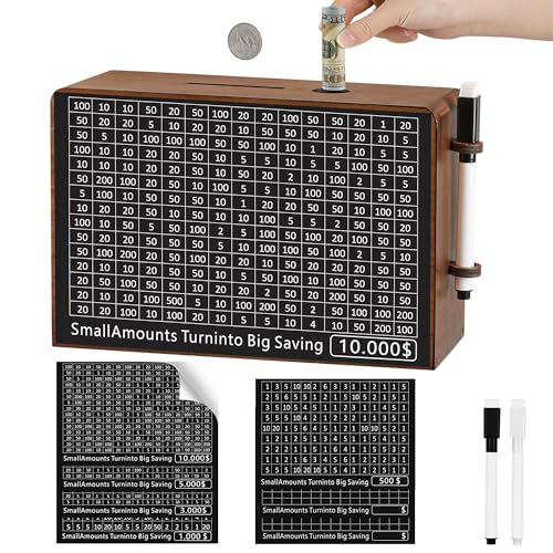 FOLENCER Wooden Money Saving Box for Kids Adults Reusable 10000 Savings Challenge Box with Progress Tracker Cash Vault Educational Piggy Bank Gift for Boys Girls 312 7 Amounts Wood - Image 1