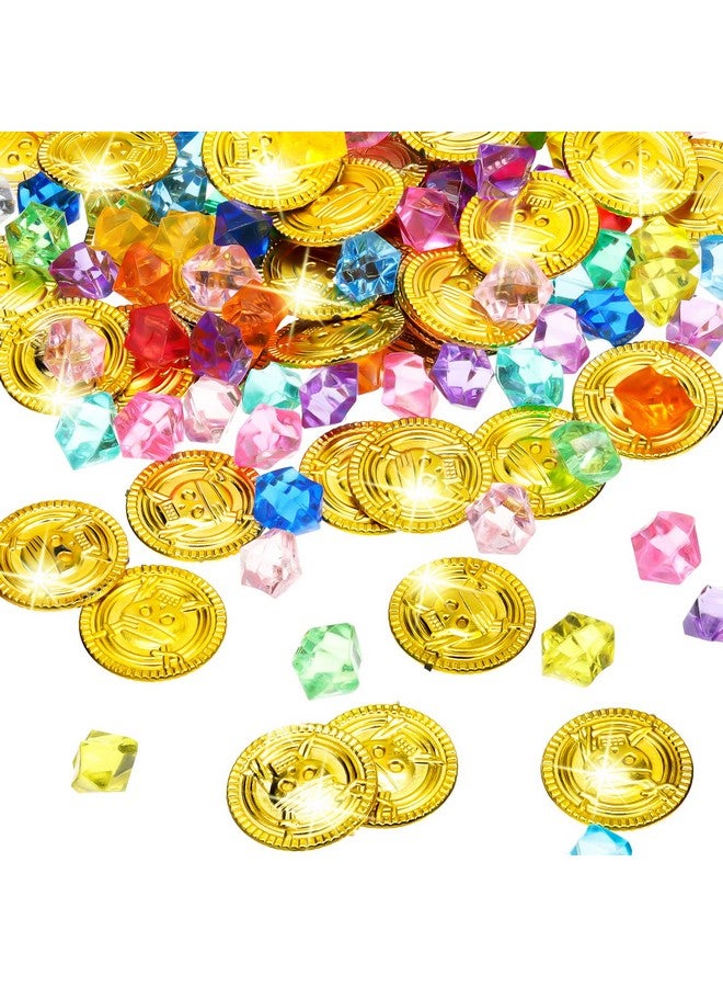 Hanaive 150 Pcs Plastic Pirate Gold Coins Acrylic Colored Gems Fake Gems Buried Treasure Pirate Party Decorations for Halloween Adventure Themed Event Birthday Party Props Decor - Image 1