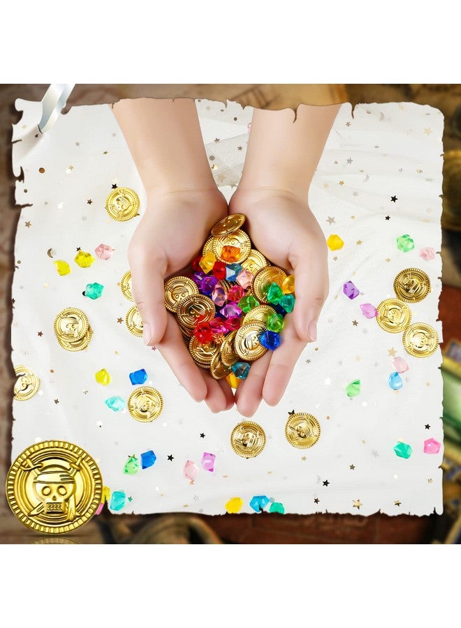Hanaive 150 Pcs Plastic Pirate Gold Coins Acrylic Colored Gems Fake Gems Buried Treasure Pirate Party Decorations for Halloween Adventure Themed Event Birthday Party Props Decor - Image 3