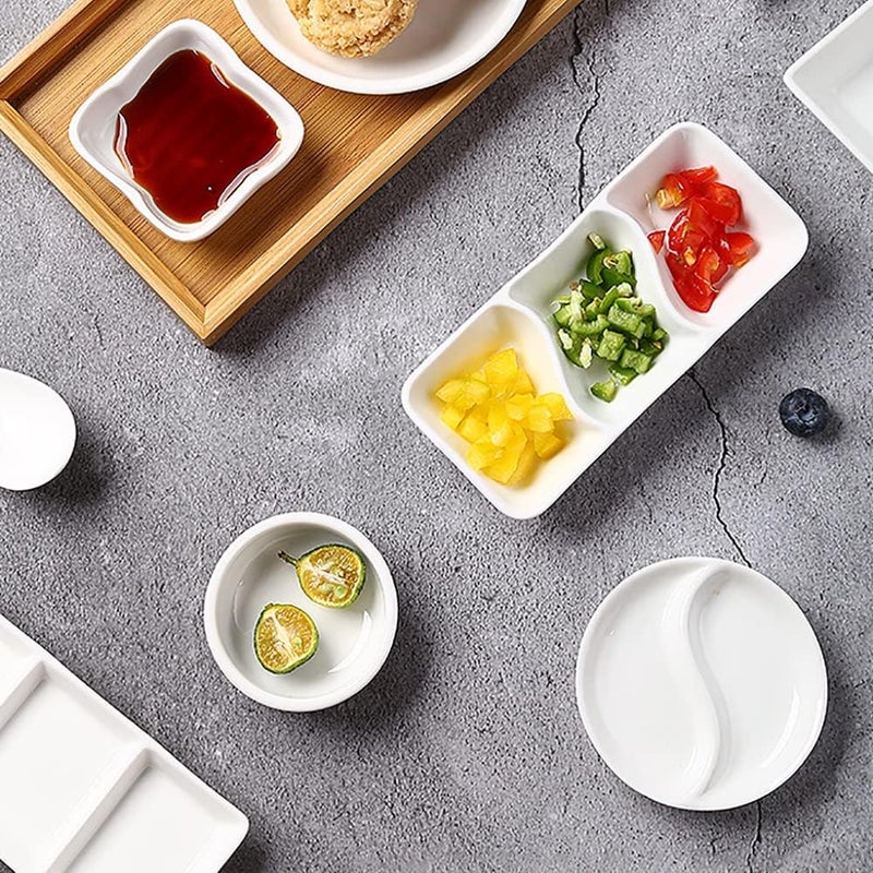 GSHLLO 2 Pcs Ceramic Divided Sauce Dishes 2 Compartments Appetizer Dish Dipping Sauce Bowls Side Dish Plates Soy Sauce Trays for Home Kitchen Restaurant - Image 3
