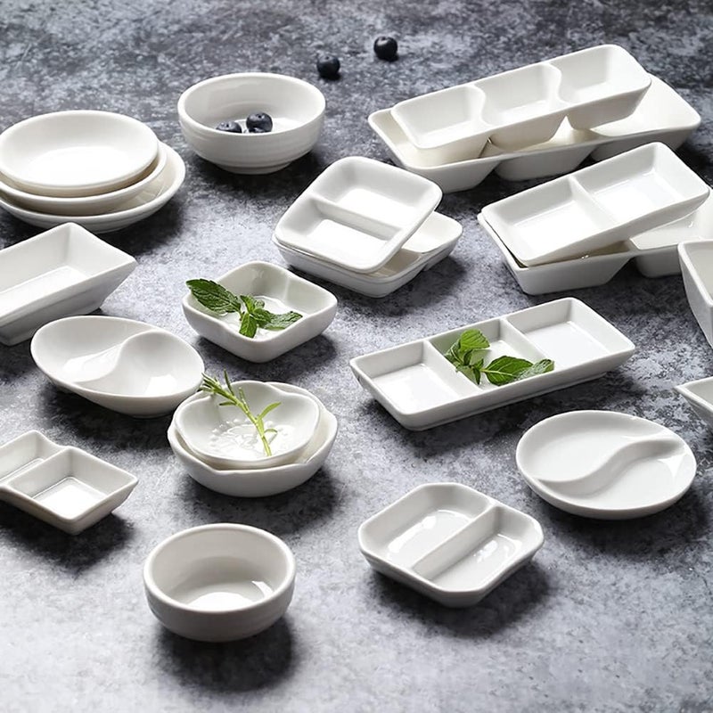 GSHLLO 2 Pcs Ceramic Divided Sauce Dishes 2 Compartments Appetizer Dish Dipping Sauce Bowls Side Dish Plates Soy Sauce Trays for Home Kitchen Restaurant - Image 2