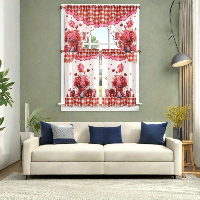 3 قطع ستائر محبوبة من الغنوم مع تصميم قلبي ريفي وردي، جيب قضيب، ستائر من البوليستر - Image 5