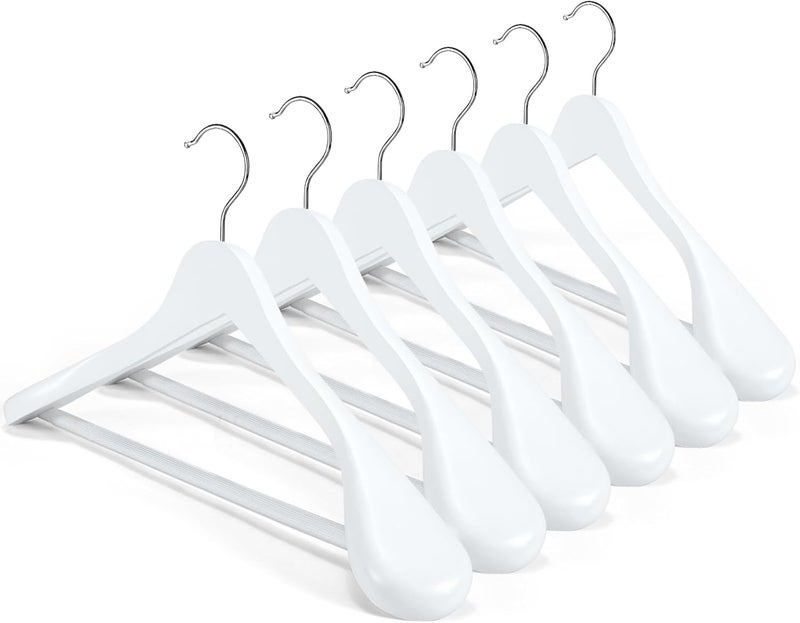 HOUSE DAY 6-Pack Wide Shoulder Wooden Hangers,White Suit Hangers with Non-Slip Pants Bar, Smooth Finish 360°Swivel Hook High-Grade Solid Wood Coat Hangers for Dress, Jacket, Heavy Clothes Hanger - Image 1
