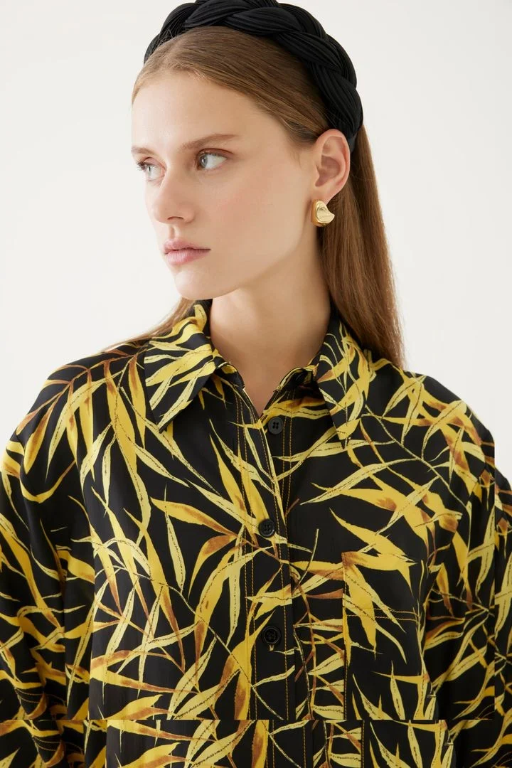 EXQUISE Viscose Yellow Leaf Pattern Shirt