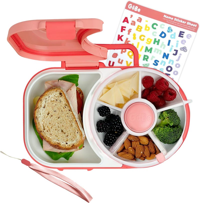 GoBe Kids Lunchbox with Detachable Snack Spinner, Bundle with Hand Strap & Sticker Sheet, Reusable Bento Style Lunch Container, 5 Small +1 Large Sandwich Compartment, BPA & PVC Free, coral pink - Image 1