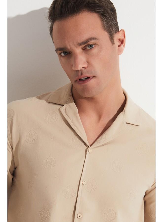 جون قميص رجالي قطن بأكمام قصيرة بنقوش بيج - Image 2