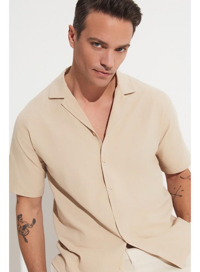 جون قميص رجالي قطن بأكمام قصيرة بنقوش بيج - Image 3
