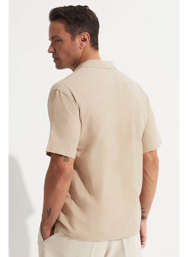 جون قميص رجالي قطن بأكمام قصيرة بنقوش بيج - Image 5