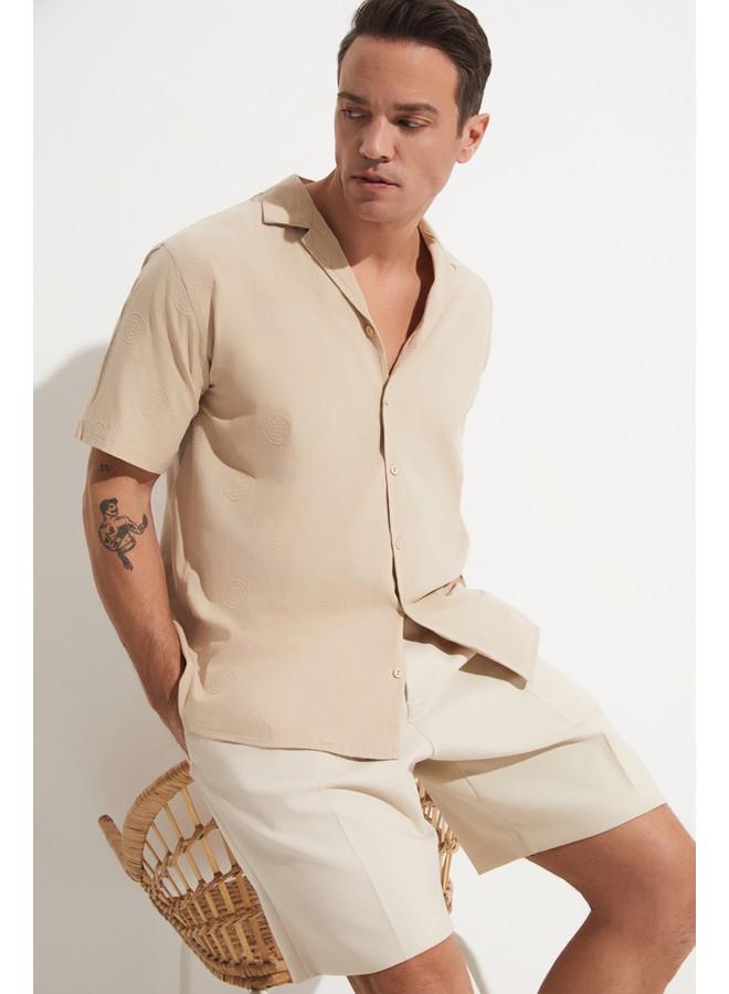 جون قميص رجالي قطن بأكمام قصيرة بنقوش بيج - Image 4