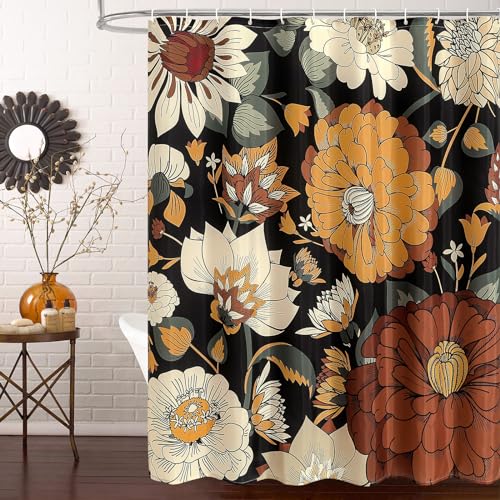 MitoVilla Boho Floral Shower Curtain, Tropical Leaves Fabric Cloth Shower Curtains for Chic Morden Bathroom Decor, Mid-Century Abstract Colorful Flower Shower Curtain, 72x72 - Image 1