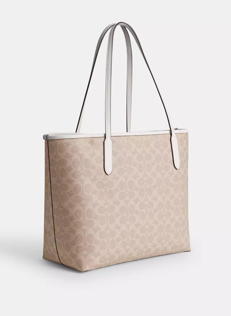 coachoutlet Coach City Tote Bag In Signature Canvas, Women's Cross Body Bag, Women's Hand Bag, Women's Shoulder Bag, Women's Travel Bag, Gold-White - Image 3