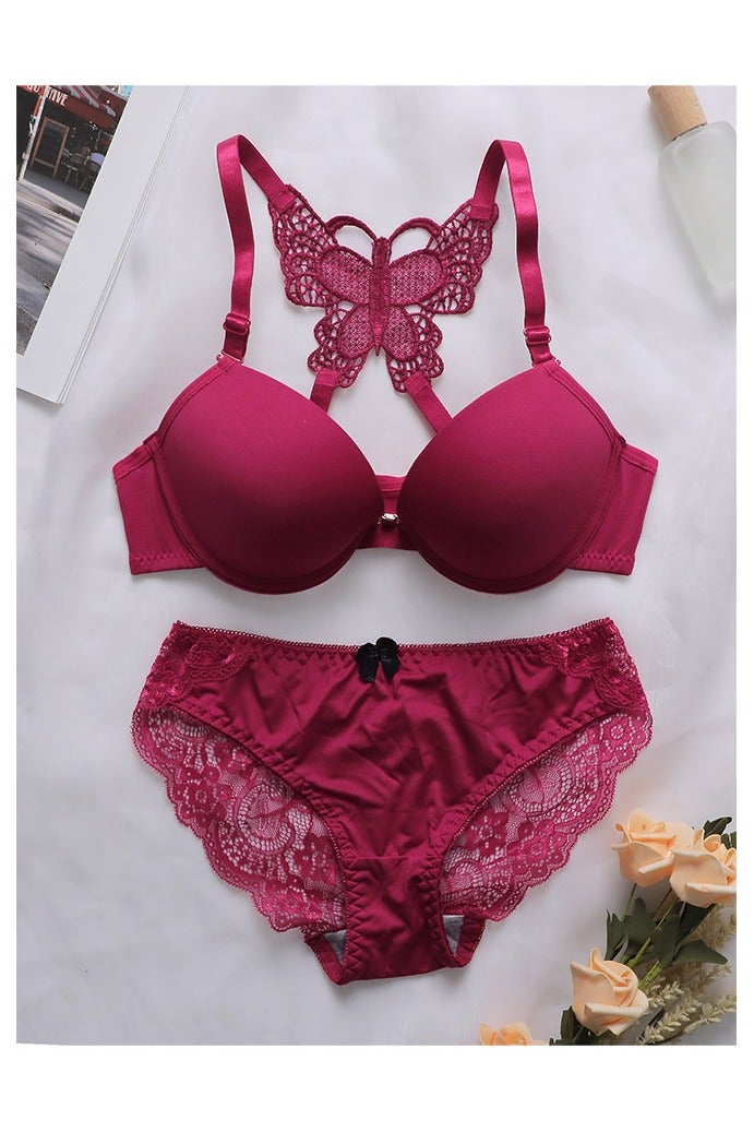 Comfy Solid Color Thin Cup Lace Bra Panty Set Red Size S