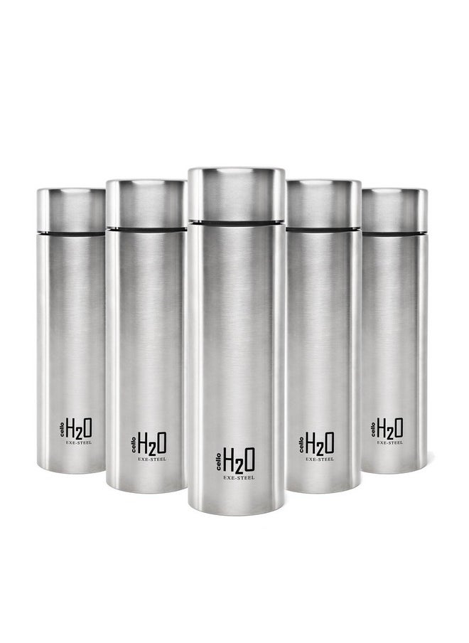 Cello - H2O Stainless Steel Water Bottle | Leak Proof & Break-Proof | Lid Is Sealed By A Silicone Ring | Best Usage For Office/School/College/Gym/Picnic/Home/Fridge |1 Litre | Silver, Set Of 5 - Image 1