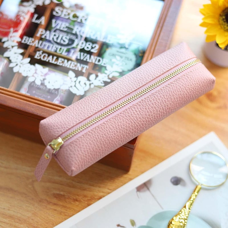 Excefore Genuine Leather Pen Case, Pink Pencil Pouch For Study, Portable Cowhide Pencil Pouch With Zipper, Soft Black Simple Pen Bag For Adults, Student, Writer (Pink) - Image 2