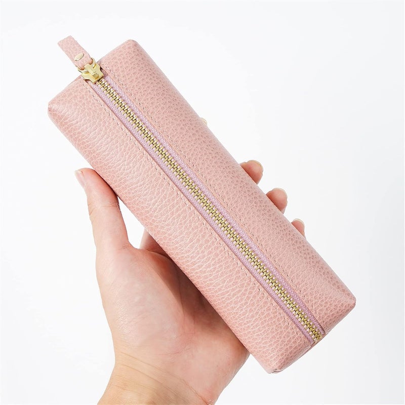 Excefore Genuine Leather Pen Case, Pink Pencil Pouch For Study, Portable Cowhide Pencil Pouch With Zipper, Soft Black Simple Pen Bag For Adults, Student, Writer (Pink) - Image 4