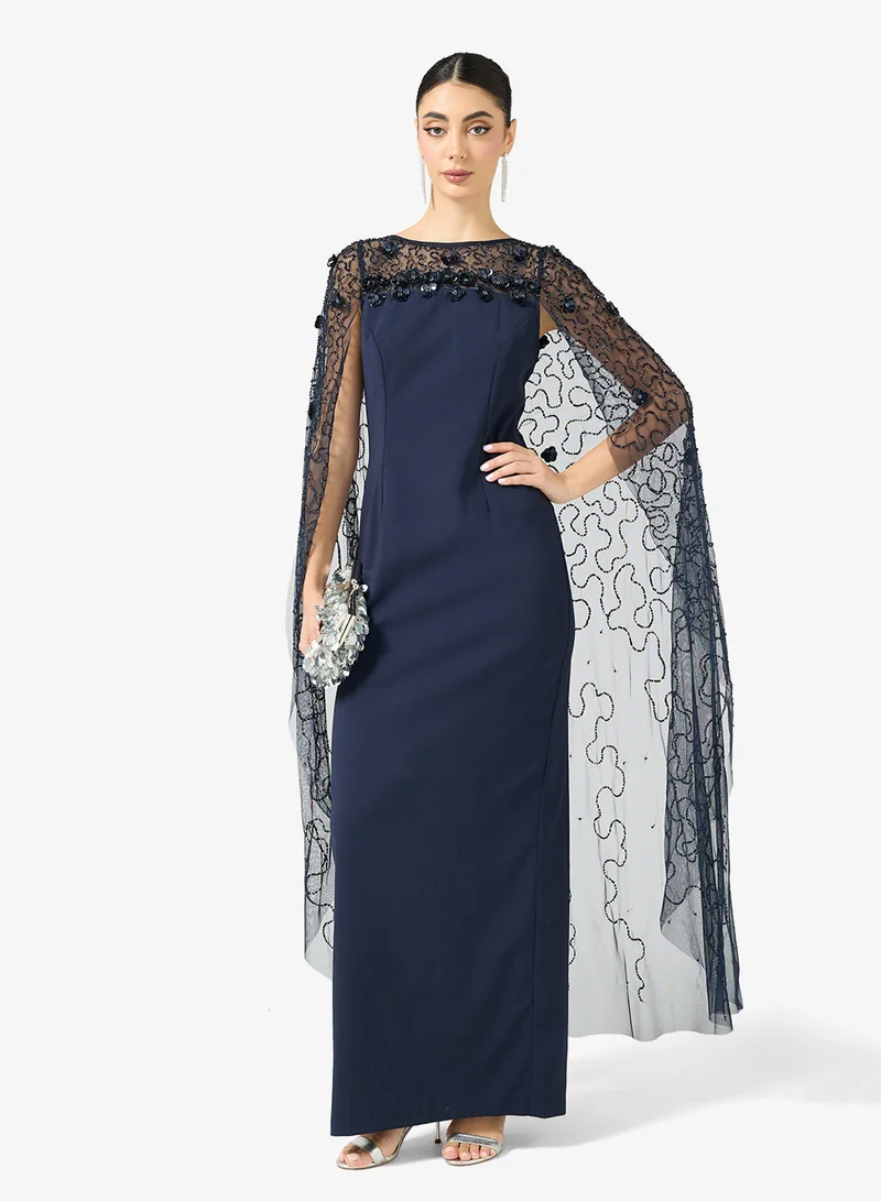 Adrianna Papell Embellished Cape Maxi Dress