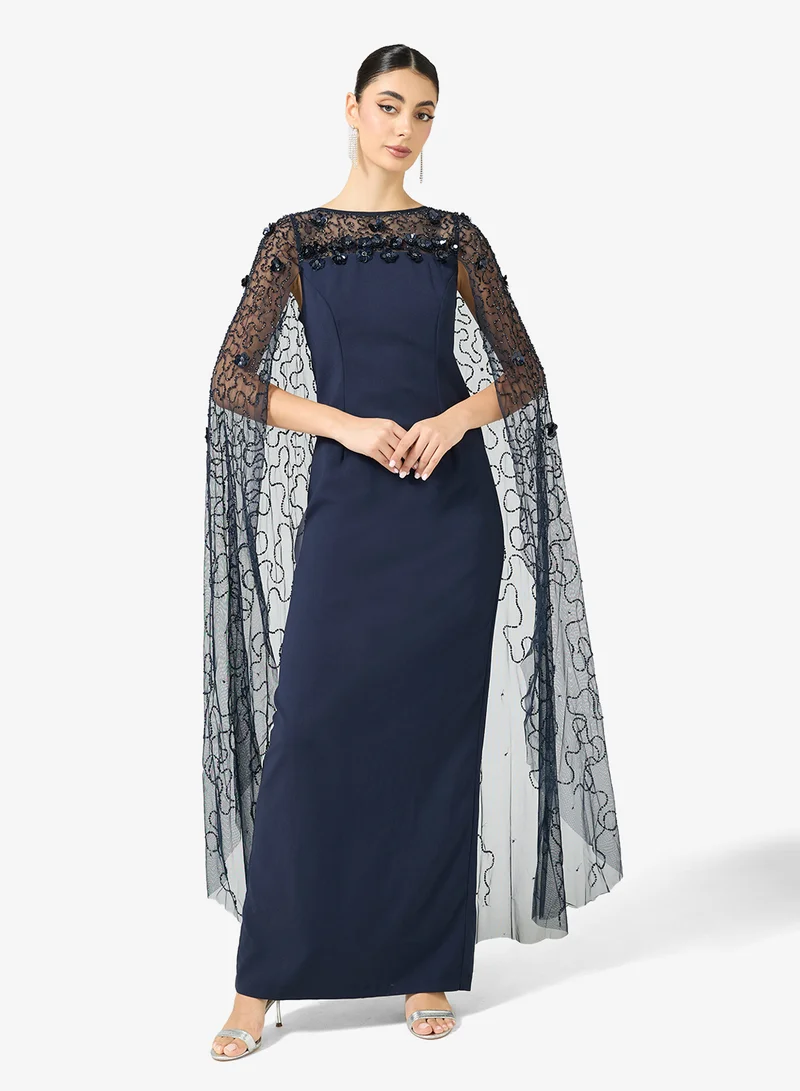 Adrianna Papell Embellished Cape Maxi Dress