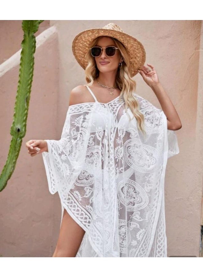 TrendsSwim Vcay Women's White Summer Boho Holiday Party V-Neck Beach Dress,Bamboo Fiber Patchwork Ruffle Backless Tie Waist Short Sleeve A-Line Bikini Cover Ups