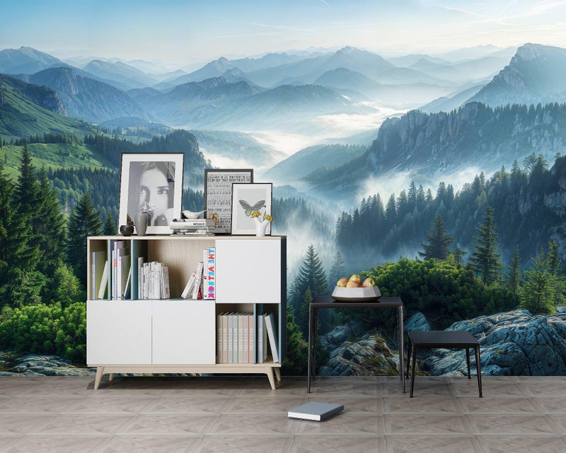 WFBHUA - Misty Pine Forest Wallpaper Mountain Peaks Landscape Landscape Wall Mural (Not Peel and Stick) - Image 2