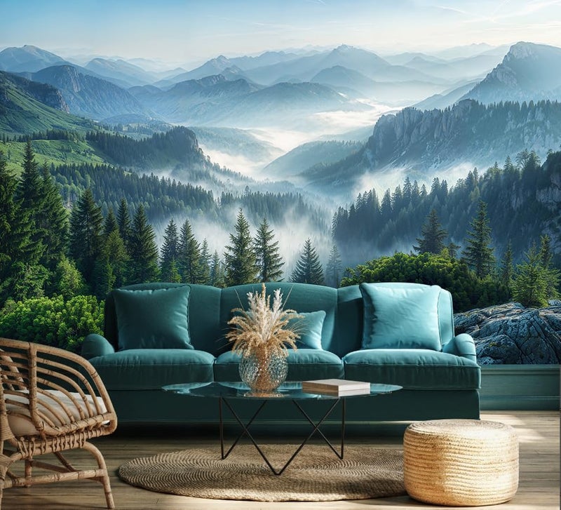 WFBHUA - Misty Pine Forest Wallpaper Mountain Peaks Landscape Landscape Wall Mural (Not Peel and Stick) - Image 1