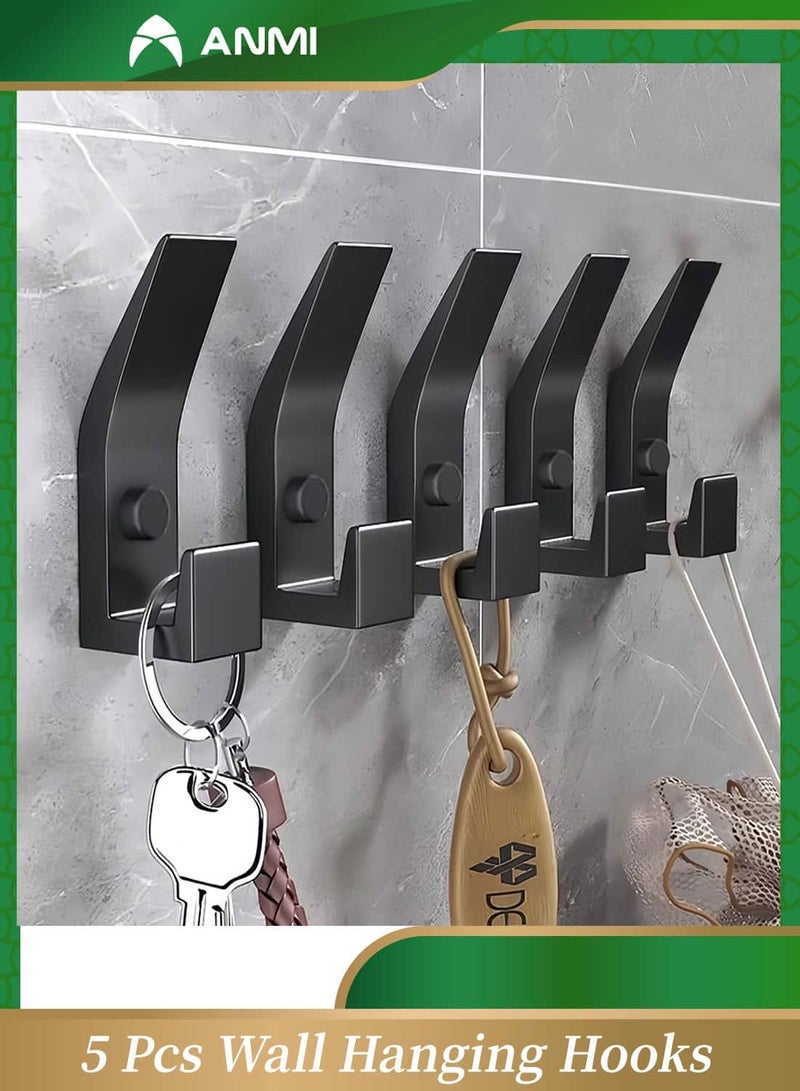 Anmi 5 Pack Coat Hooks for Hanging, Heavy Duty Hat and Coat Hanger with Fixing Screws, Dual Wall-Mounted Hooks for Clothes, Robes, Towels, Ideal for Door, Bathroom, Bedroom (Black) - Image 1