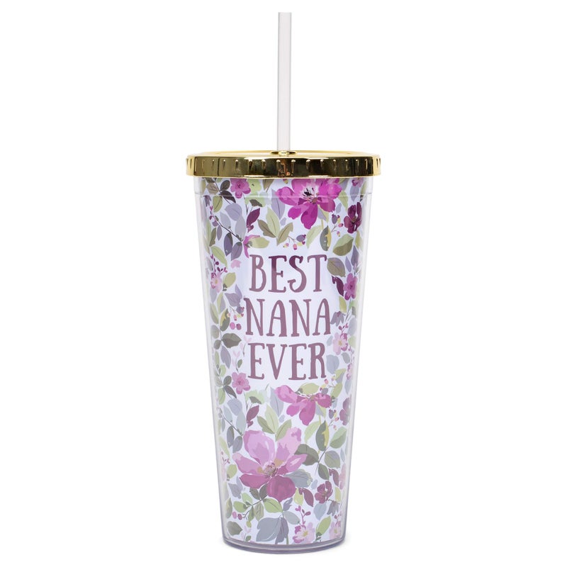 Mary Square Mary Square Best Nana Ever Purple Salem Floral 24 Ounce Straw Tumbler with Goldtone Lid 