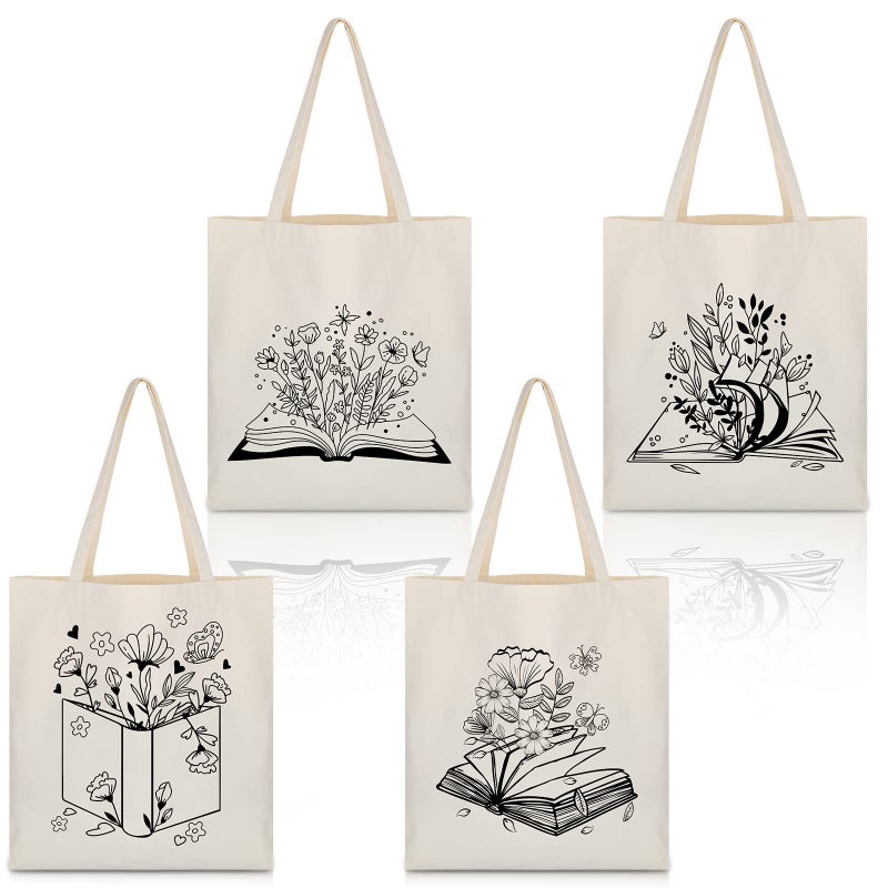 Oudain 4 Pcs Canvas Tote Bag for Women Floral Black Cat Canvas Tote Aesthetic Reusable Grocery Bags Cute Gifts for Cat LoverFloral