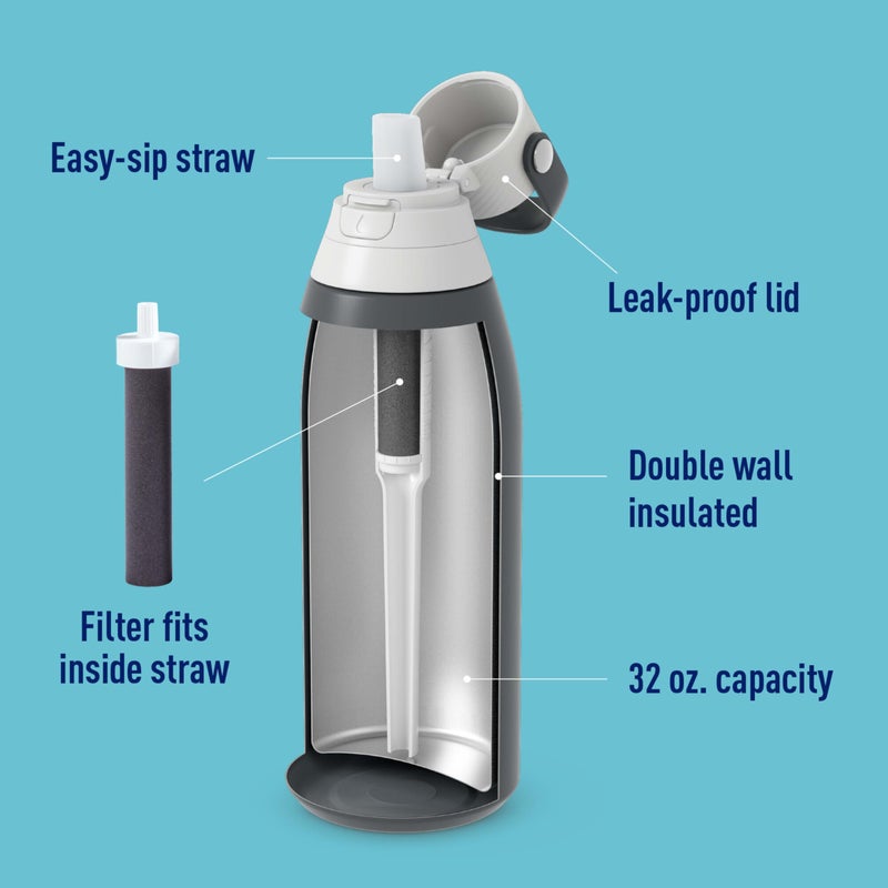 Brita Stainless Steel Premium Filtering Water Bottle, BPA-Free, Reusable, Insulated, Replaces 300 Plastic Water Bottles, Filter Lasts 2 Months or 40 Gallons, Includes 1 Filter, Carbon - 32 oz - Image 3