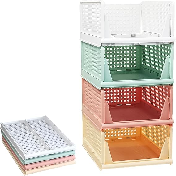JEYANG Foldable Plastic Wardrobe Organizer - Stackable Storage Solution for Clothes, Ideal for Bathroom, Kitchen, and Bedroom Use (Pack of 6, Multicolor) - Image 1