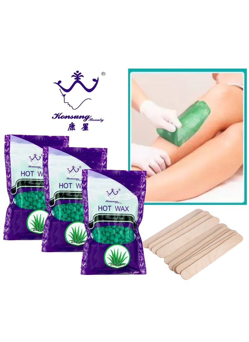 Konsung Beauty - Organic Aloe Vera Hair Removal Wax - 3 Pieces × 100g with 10 Wax Sticks, No Need for Wax Paper - Image 1