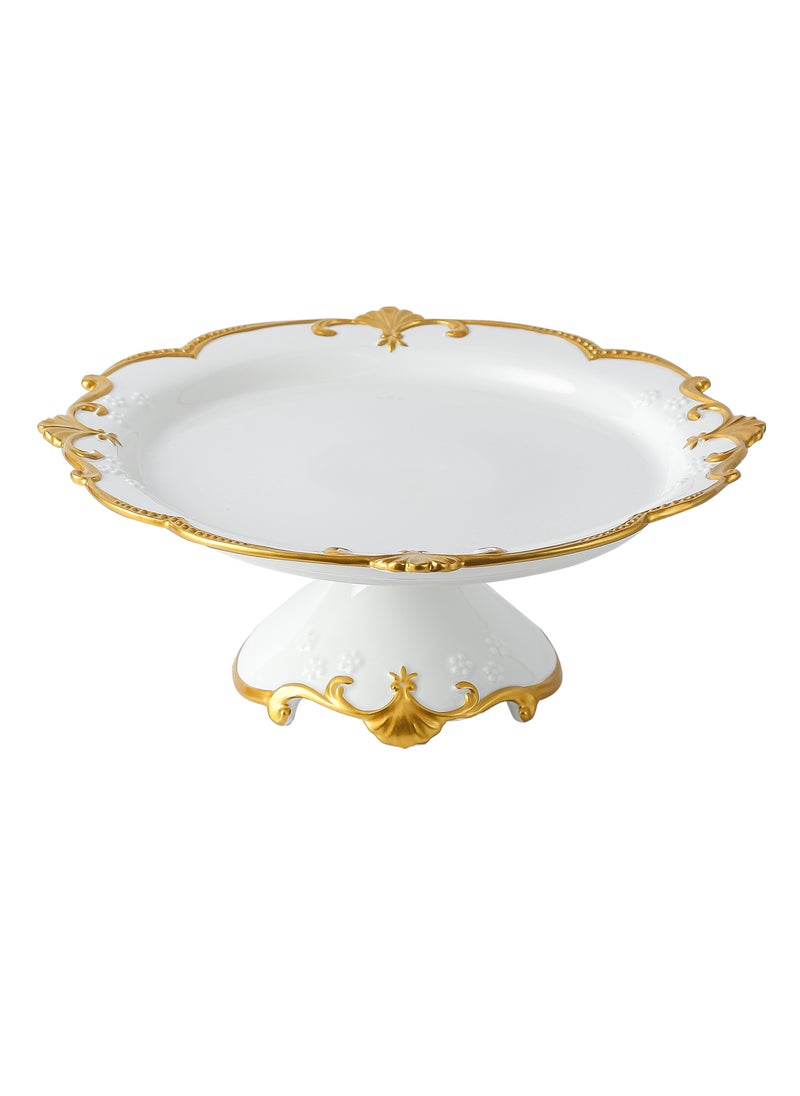 Life Smile LIFE SMILE White Cake Plate with Floral Gold Stand - Luxury Bone China Pastry & Dessert Server  - Image 1