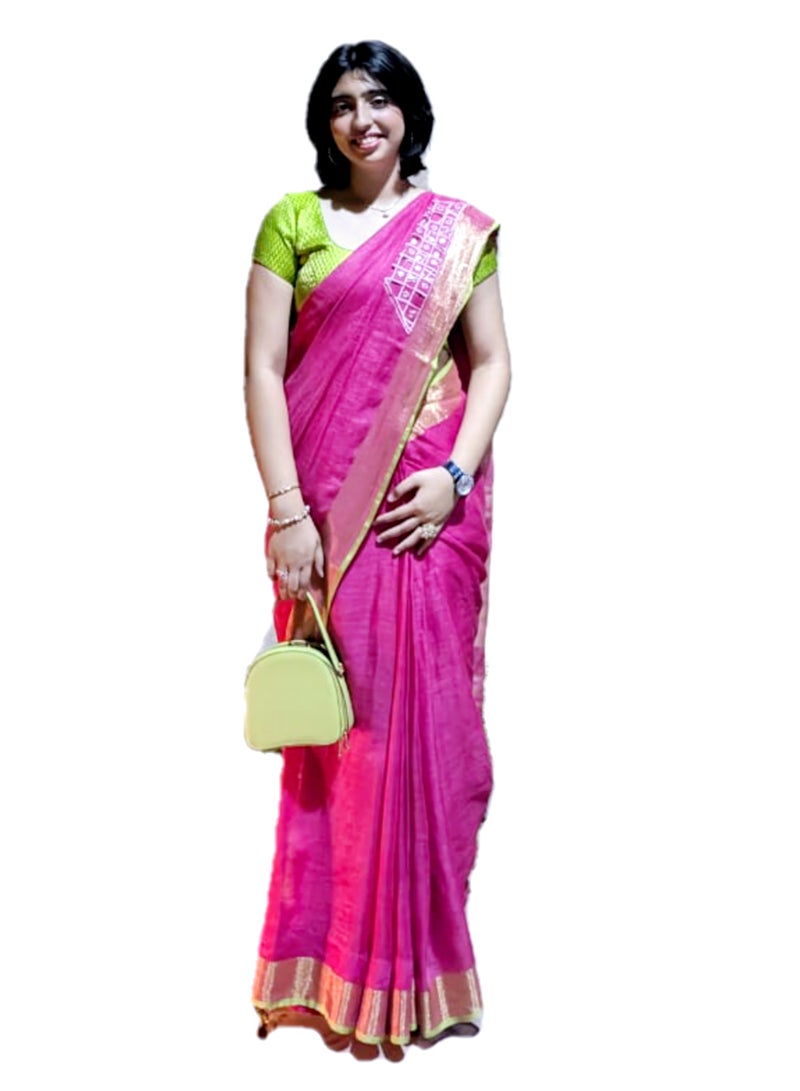 Grab Mantra Pure Linen Pink Saree With Golden Weaving Border Plus Green Brocade Stitched Large Size Blouse  - Image 1