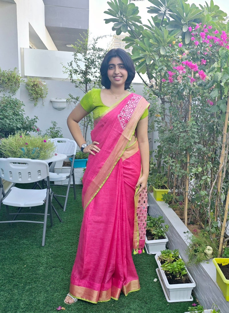Grab Mantra Pure Linen Pink Saree With Golden Weaving Border Plus Green Brocade Stitched Large Size Blouse  - Image 3