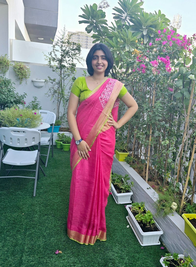 Grab Mantra Pure Linen Pink Saree With Golden Weaving Border Plus Green Brocade Stitched Large Size Blouse  - Image 5